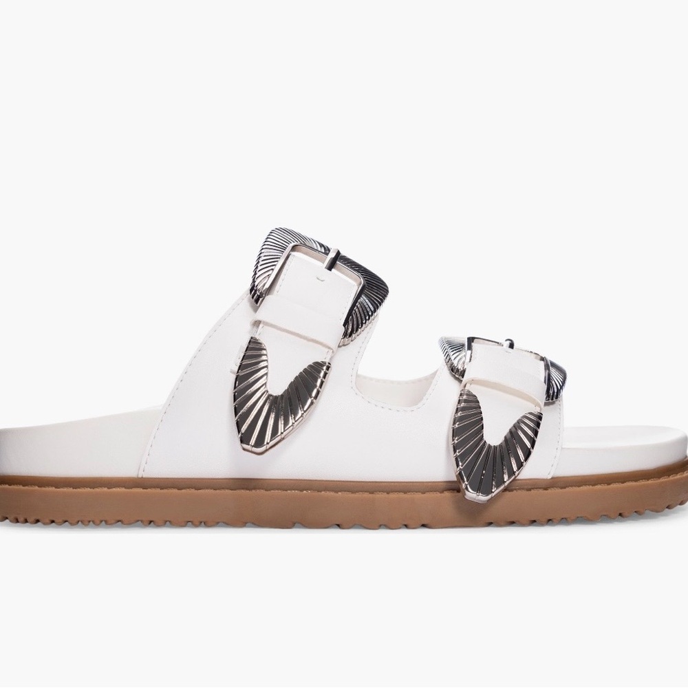 Chinese Laundry White Ramsie Slide Sandals with Silver Buckles